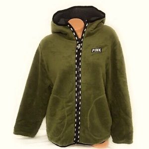 VS Pink Reversible Army Olive Green Sherpa Teddy
Hooded Zip Jacket Sweatshirt XS